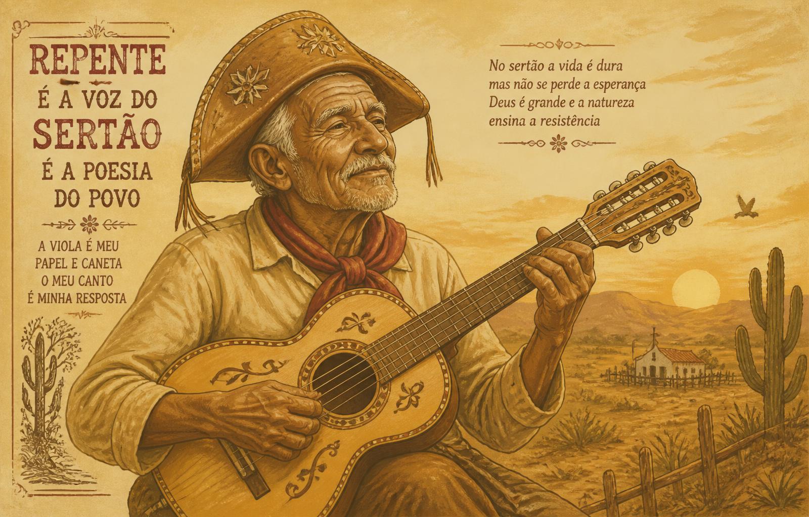 Repentista tocando viola ao pôr do sol no sertão